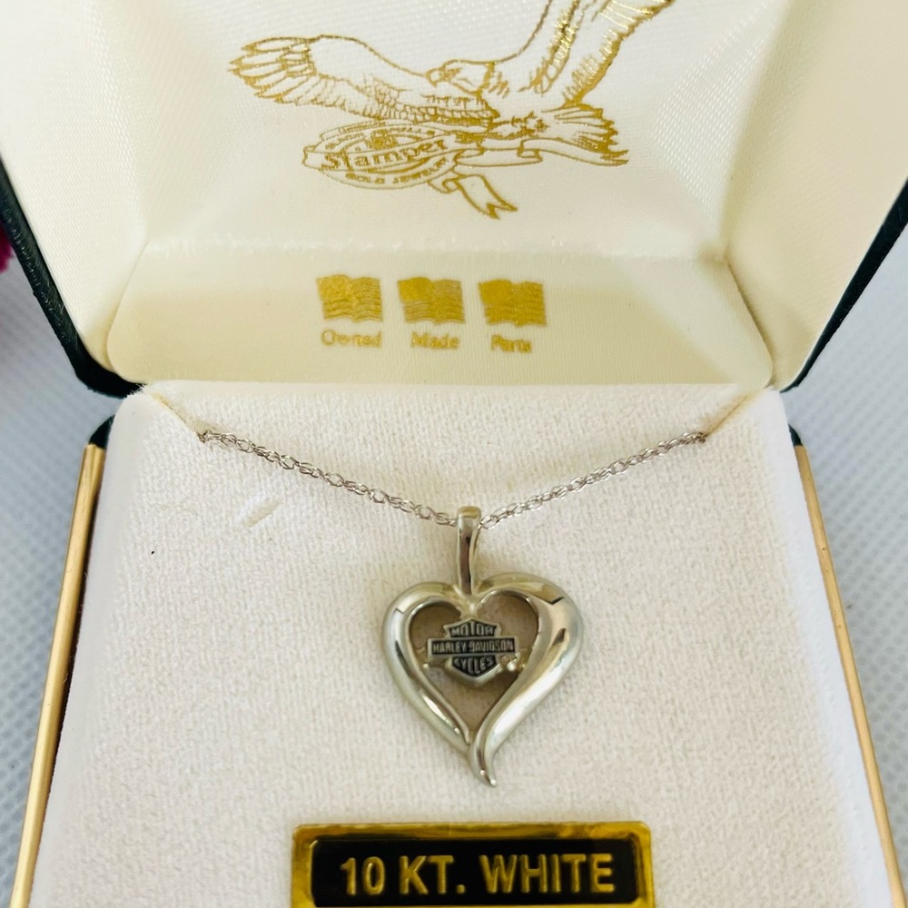 Vintage Harley Davidson 10kt White Gold Heart Necklace 🖤🧡 NEW in Original Box!